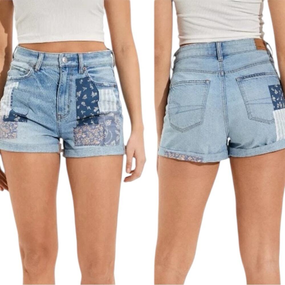 American Eagle NWT  Patchwork cuffed Denim High Rise Mom Shorts Size 12